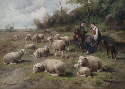 Shepherd Couple with Herd in Pasture Landscape by Cornelis van Leemputten